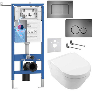 Комплект инсталляции Roxen StounFix Dual Fresh с удлиненными креплениями, аромадозатором, металлической кнопкой Steel и унитазом Villeroy&Boch Architectura 4694HR01, круглые клавиши 420260G