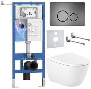 Комплект инсталляции Roxen StounFix Dual Fresh с креплениями, металлической кнопкой Steel и унитазом Roca Ona Rimless с крышкой Supralit Soft Close, круглые клавиши 420260G